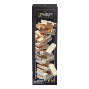Cardinal Classics Jumbling Tower game box with wood block tower illustration