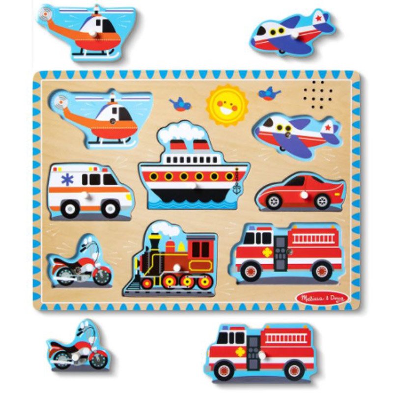 Melissa & Doug Vehicles Sound Puzzle showing full-color pictures under pieces