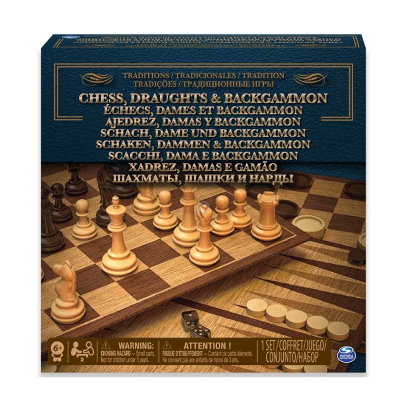 Cardinal Traditions games, 3-in-1 wooden game set, wooden chess checkers backgammon, family strategy game set