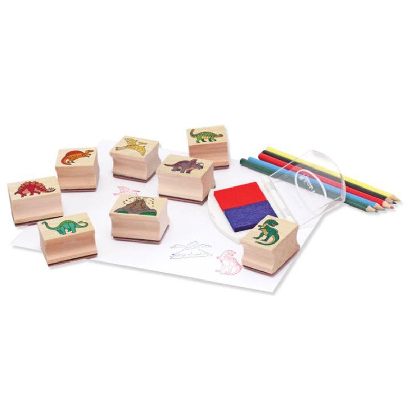 Close-up of colored pencils included with Dinosaur Stamp Set