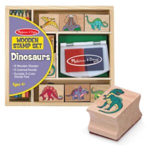 Melissa & Doug Wooden Stamp Set Dinosaurs with stamps, inkpad, and colored pencils