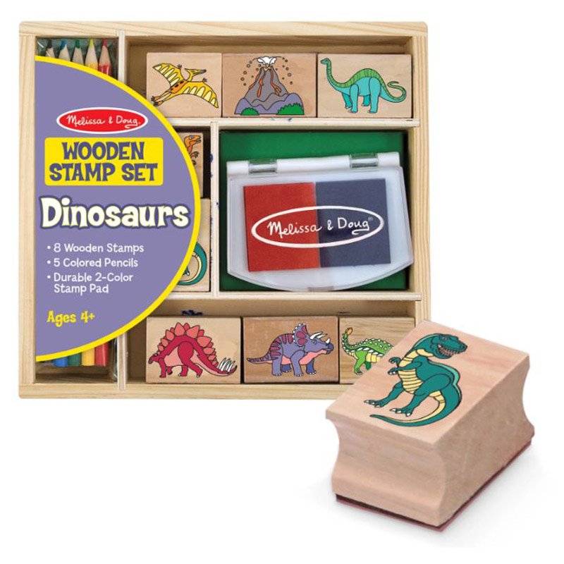 Melissa & Doug Wooden Stamp Set Dinosaurs with stamps, inkpad, and colored pencils