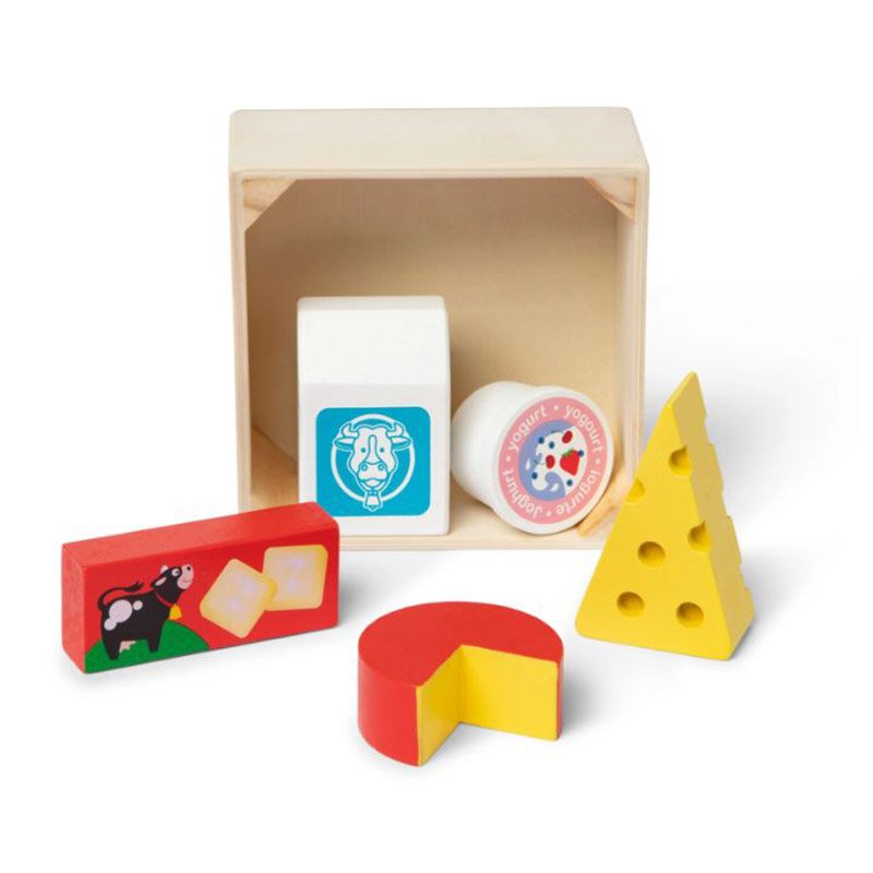 Melissa & Doug Dairy play food set pieces displayed in wooden crate
