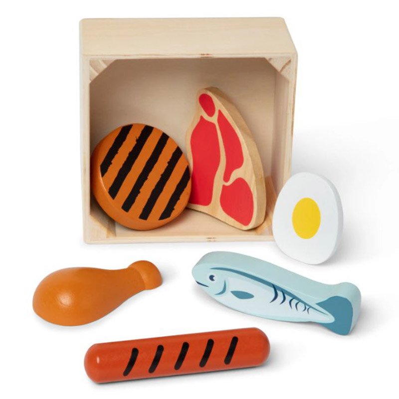Melissa & Doug Protein play food set pieces displayed in wooden crate