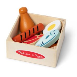 Melissa & Doug Wooden Food Groups Play Set Protein with chicken, hot dog, egg, steak, fish, and burger