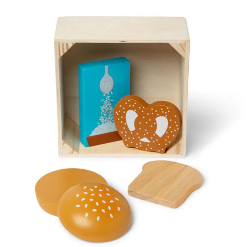 Melissa & Doug Grains play food set pieces displayed in wooden crate