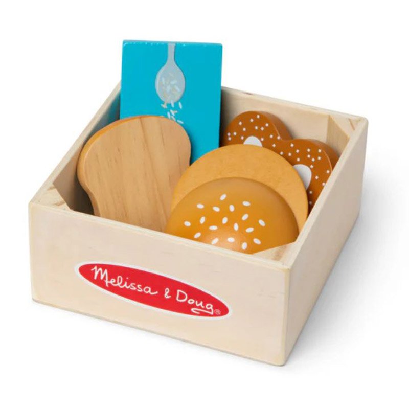 Melissa & Doug Wooden Food Groups Play Set Grains with rice, bread, bun, and pretzel
