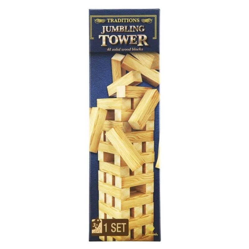 Cardinal Games Traditions Jumbling Tower game with 39 wood blocks stacked